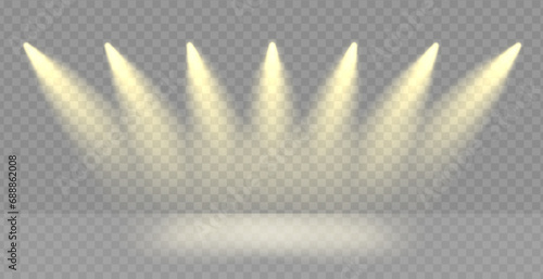 Spotlight line on award stage png. Spot lamps ray effect on transparent vector background. Golden podium beams flare