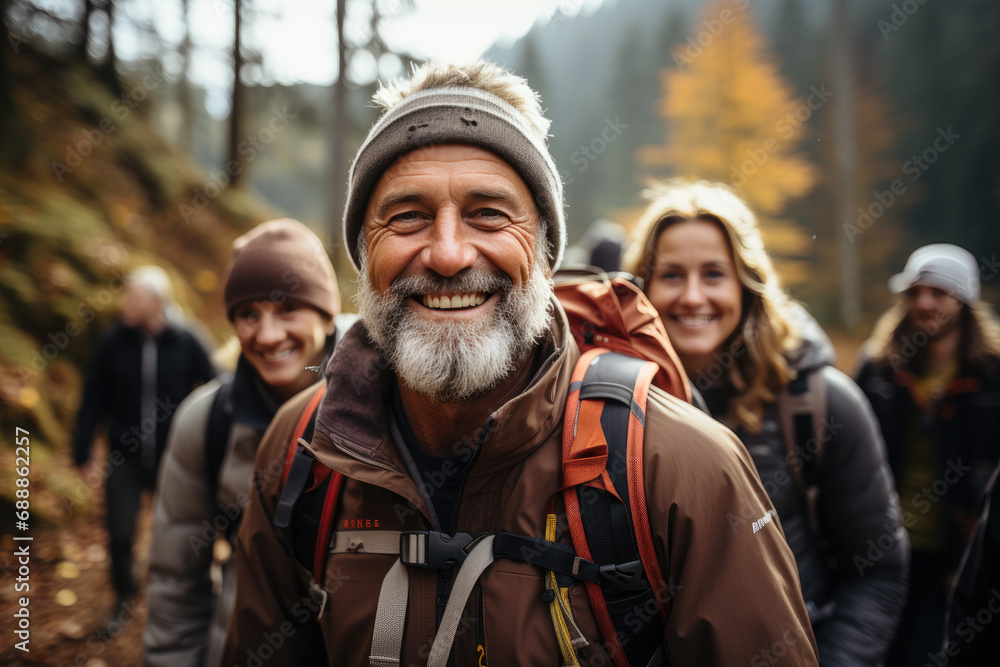 Friends in good mood walking in the woods Friends in good mood walking in the woods