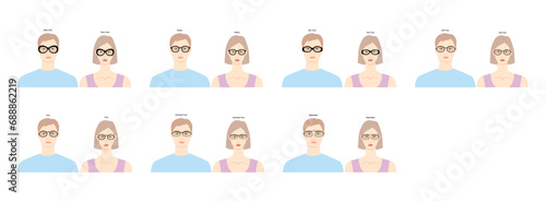 Set of Oval frame glasses on women and men flat character fashion accessory illustration. Sunglass front view unisex silhouette style, rim spectacles eyeglasses with lens sketch style outline isolated