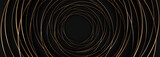 Gold circles with shadow in the center on a black wide background. Black and gold luxury abstract geometric royal modern trendy abstract banner. Vector illustration