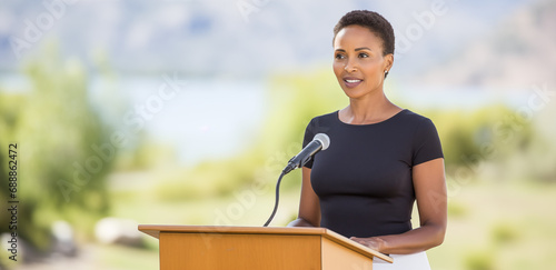 Professional politician woman giving a speech on a podium. African-American politician orator woman with microphone speaking to the audience at the tribune