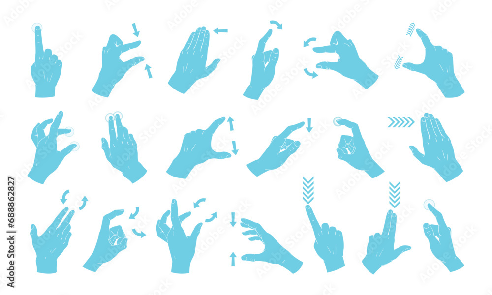 Hand touchscreen gestures. Smartphone screen tap, swipe, pinch, rotate and zoom gestures flat vector illustration set. Screen touch hand signs collection