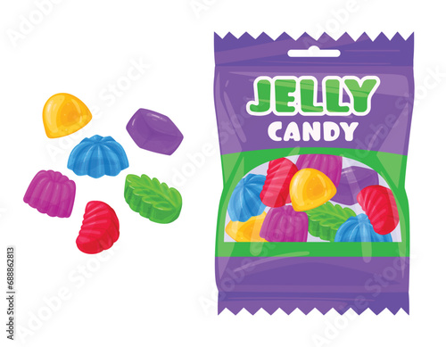 Cartoon jelly candy package. Chewy marmalade packaging, tasty sweets in plastic bag flat vector illustration. Fruit flavored sweets pack