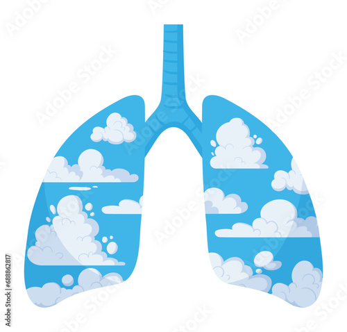 Clean sky lungs metaphor. Cartoon clean lungs, human healthy lungs with blue sky and clouds. Environment care concept flat vector illustration