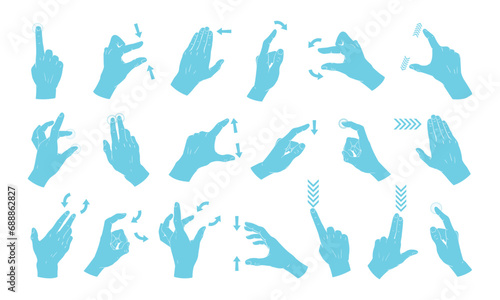 Hand touchscreen gestures. Smartphone screen tap, swipe, pinch, rotate and zoom gestures flat vector illustration set. Screen touch hand signs collection