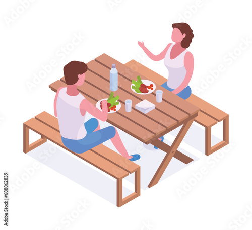 Isometric man and woman on backyard. People having dinner outdoor, garden furniture and relaxing characters spending time on backyard 3d vector illustration