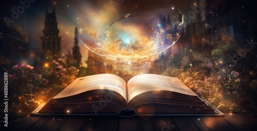 Enchanted magic book. Concept of education, imagination and creativity from reading books.