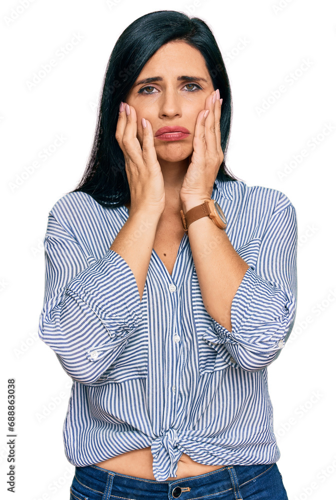 Young caucasian woman wearing casual clothes tired hands covering face, depression and sadness, upset and irritated for problem Young caucasian woman wearing casual clothes tired hands covering face, depression and sadness, upset and irritated for problem