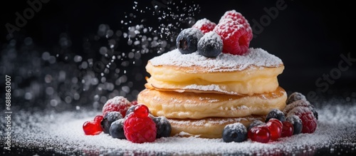 Powdered sugar on Japanese pancakes with berries. photo