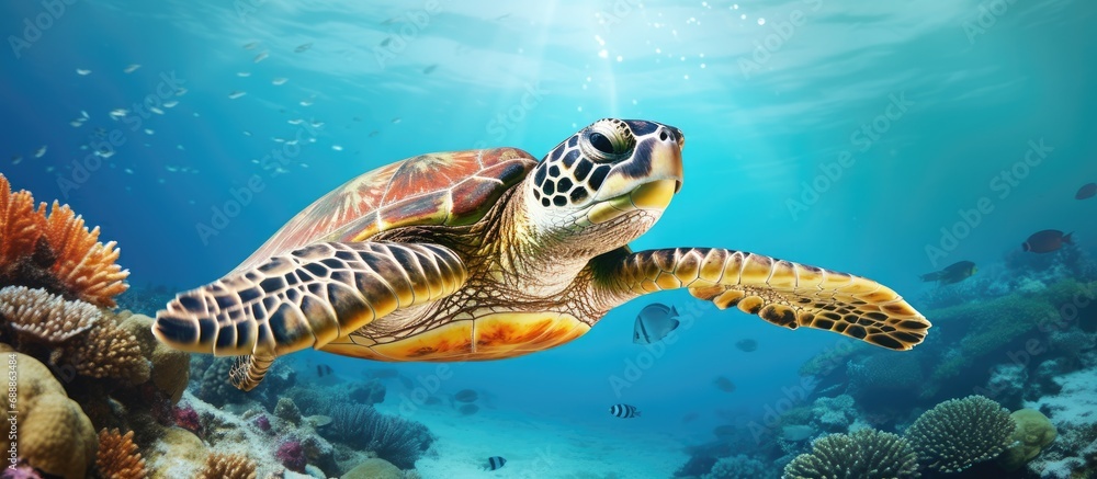 Fototapeta premium Tropical ocean features hawksbill sea turtle swimming.