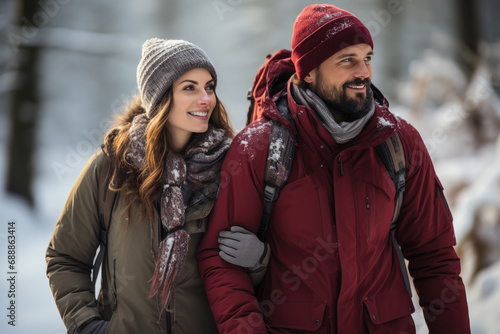 Couple walking in the winter park