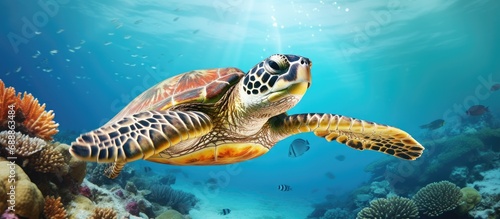 Tropical ocean features hawksbill sea turtle swimming.