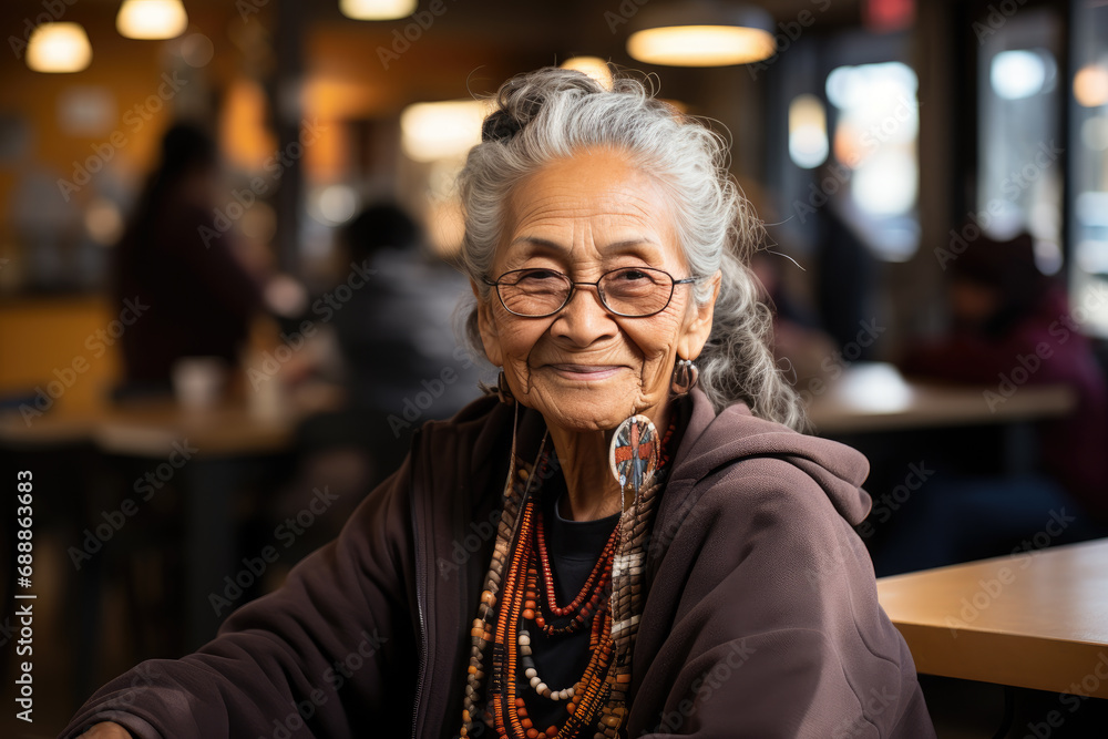 Indian grandmother sitting in restaurant Indian grandmother sitting in restaurant