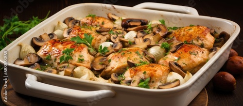 Chicken, mushrooms, and onions baked together in a dish.