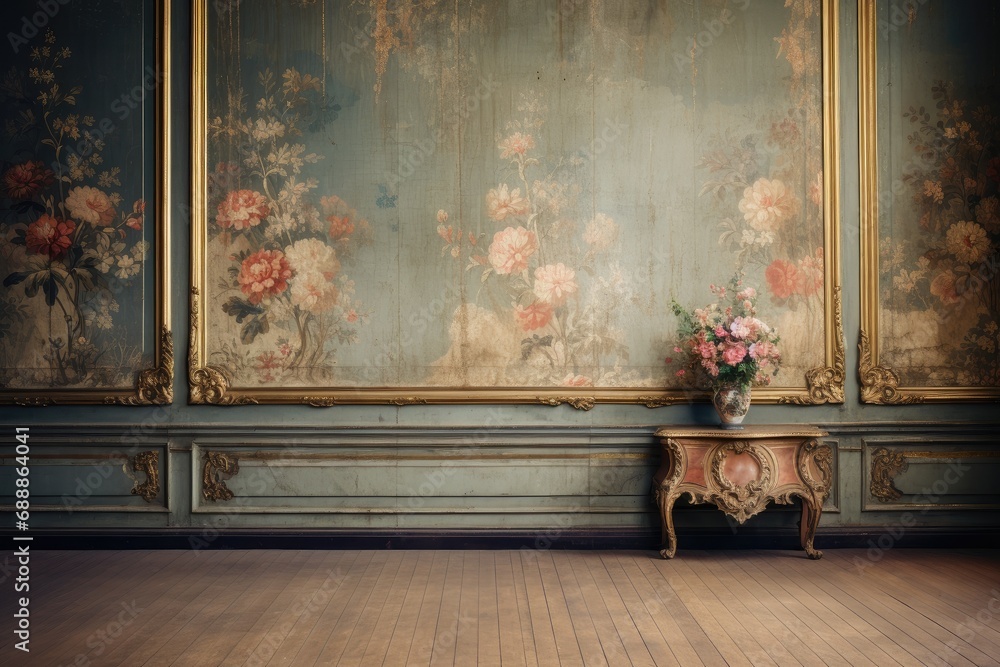 Interior room with baroque floral wallpaper. - obrazy, fototapety, plakaty 