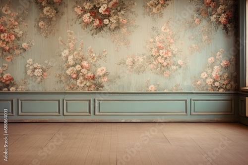 Interior room with baroque floral wallpaper.