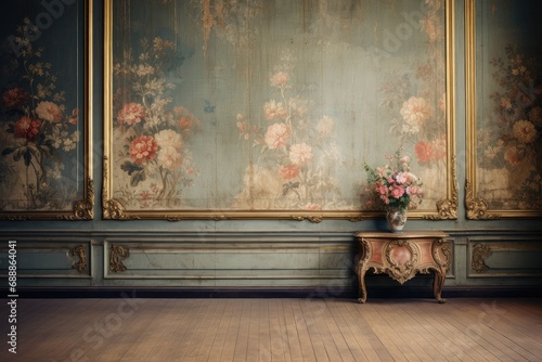 Interior room with baroque floral wallpaper. photo
