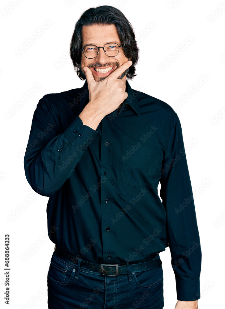 Middle age caucasian man wearing casual clothes and glasses looking confident at the camera smiling with crossed arms and hand raised on chin. thinking positive. Middle age caucasian man wearing casual clothes and glasses looking confident at the camera smiling with crossed arms and hand raised on chin. thinking positive.
