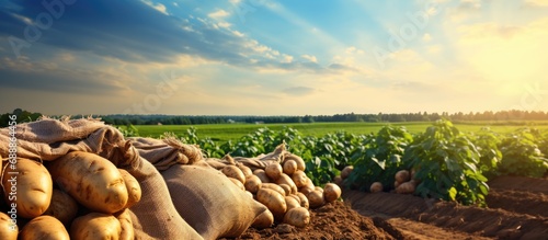 Potato farming in a field with sacks of fresh organic potatoes. photo