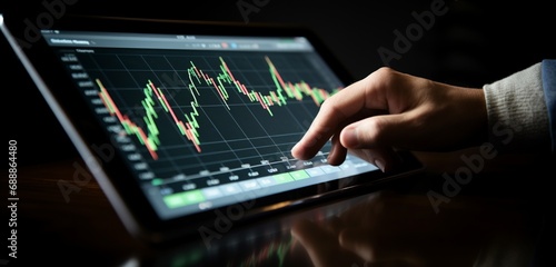 A close-up of a hand holding a stylus, drawing stock market trend lines on a digital tablet.