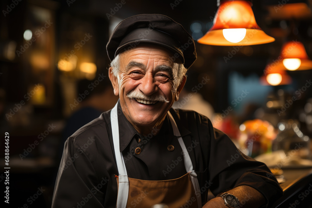 Mature cook enjoys in city restaurant Mature cook enjoys in city restaurant