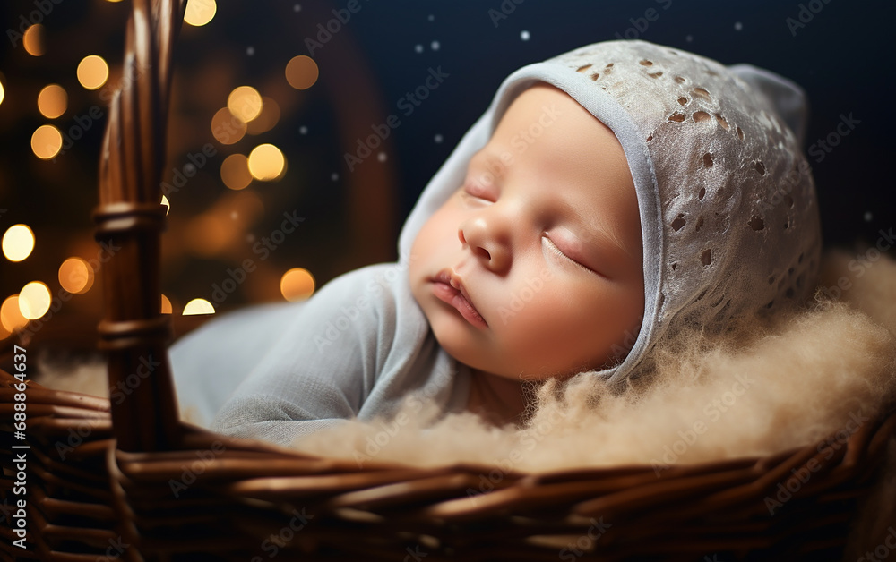 Menino Jesus Cristo bebe em berço de vime, fundo desfocado com luzes e decoração de Natal Menino Jesus Cristo bebe em berço de vime, fundo desfocado com luzes e decoração de Natal