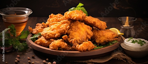 Traditional deep-fried fish pakora made with basa fish and chickpea batter, a popular dish in India and Pakistan. photo