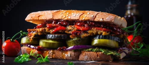 Eggplant sandwich with tomato sauce and pickles. photo