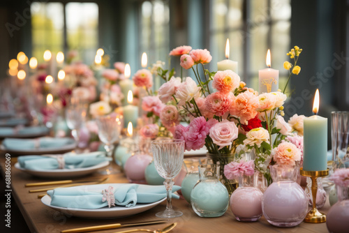 Beautifully decorated Easter dinner table with colorful flowers, pastel dyed eggs and candles. Outdoor Easter celebration party for large number of guests.