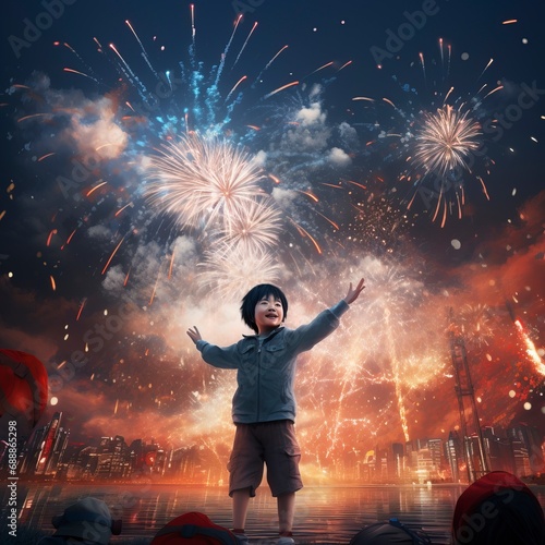 The big Chinese boy full of fireworks set off fireworks in the night sky, and the colorful fireworks burst into beautiful light, ring lighting, generative ai