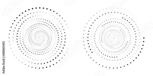 Halftone circular dotted frames set. Circle dots texture isolated on white background. Spotted spray texture. Vector abstract design element spiral circle sound wave vector logo concept circle dots