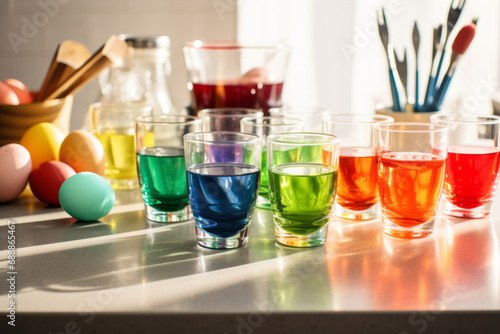 Using food coloring to dye Easter eggs at home. Painting colorful eggs for Easter hunt. Getting ready for Easter celebration. Family traditions.