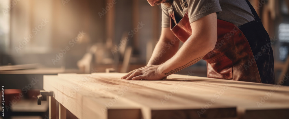 man owner a small furniture business is preparing wood for production. carpenter male is adjust wood to the desired size. architect, designer, Built-in, professional wood, craftsman, workshop. - obrazy, fototapety, plakaty 