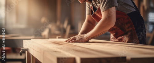 man owner a small furniture business is preparing wood for production. carpenter male is adjust wood to the desired size. architect, designer, Built-in, professional wood, craftsman, workshop. © pinkrabbit