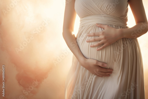 Pregnant woman wearing beautiful dress holding her hands on belly on a light background. Pregnancy, maternity, preparation and expectation concept.