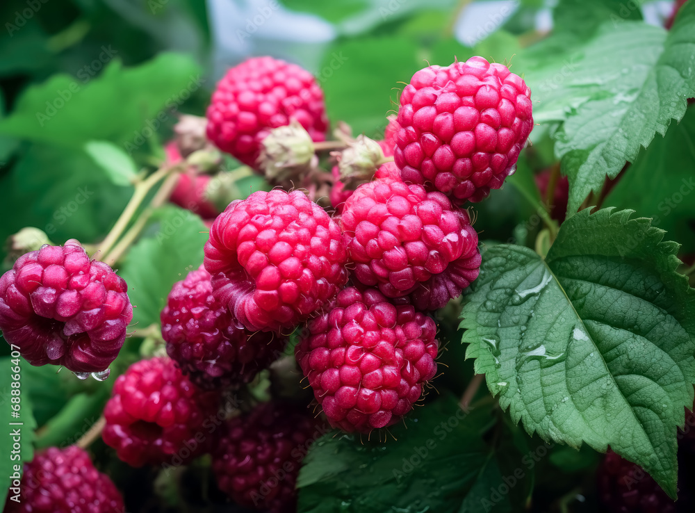 Raspberries and lilac on the bush, on a branch over trees, Fresh raspberries for sale in a garden. Raspberries and lilac on the bush, on a branch over trees, Fresh raspberries for sale in a garden.