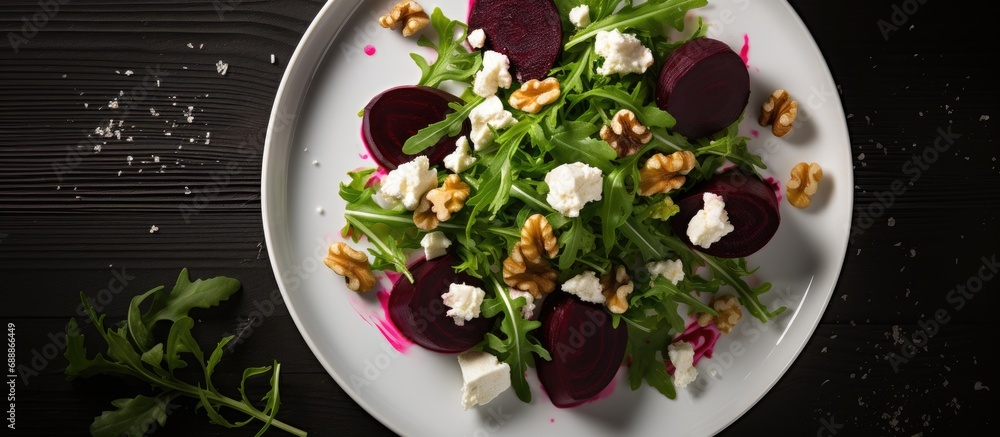 Top view of a salad with beets, arugula, feta, and walnuts.