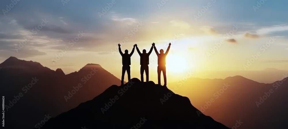 Celebrate victory and success over sunset background, Together overcoming obstacles as a group of three people raising hands up on the top of a mountain. - obrazy, fototapety, plakaty 