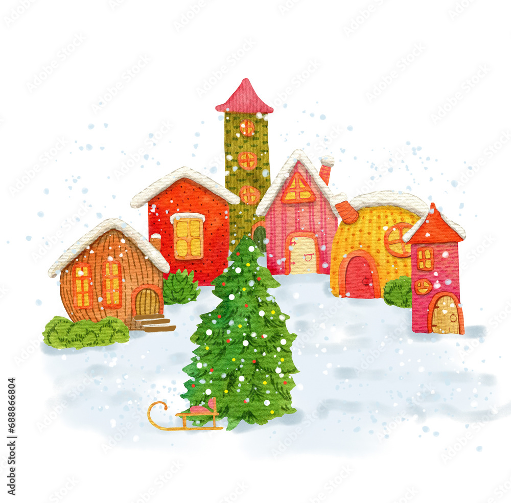Winter houses, Christmas tree isolated on white background. Clipart. Watercolor hand drawn art illustration. For cards, handmade textiles, prints, menus, poster