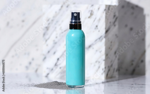 Mockup of cosmetic bottle with blank label on marble background