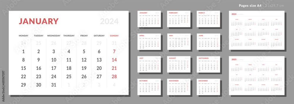 Set of Monthly page Calendar Planner Template on 2024. Vector layout horizontal of a wall or desk calendar with week start Monday. Pages for size A4 or 21x29.7 cm. Isolated Calendar grid for print. Set of Monthly page Calendar Planner Template on 2024. Vector layout horizontal of a wall or desk calendar with week start Monday. Pages for size A4 or 21x29.7 cm. Isolated Calendar grid for print.