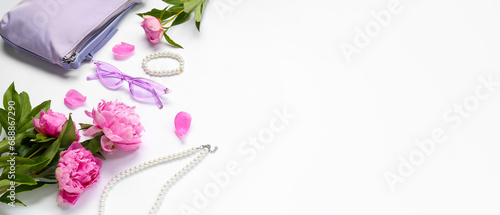 Composition with stylish female accessories, lipstick and beautiful peony flowers on white background with space for text