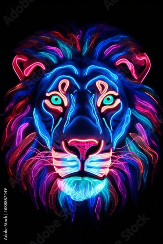 The Neon King of the Jungle. A Majestic Lion s Face Illuminated with Vibrant Lights