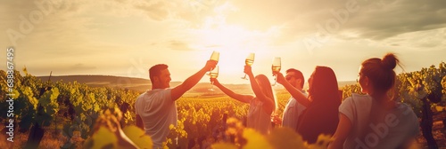 Blurred image of friends toasting wine in a vineyard in the daytime outdoors. Happy friends having fun outdoors in vineyard photo