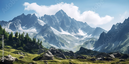 Paisaje de montaña con pico de los alpes, Ein dorf in den bergen mit einem fluss und bergen im hintergrund, Uma paisagem montanhosa com um lago e montanhas ao fundo, generative AI

 photo