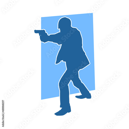 Silhouette of a male bodyguard in action pose with a hand gun weapon.