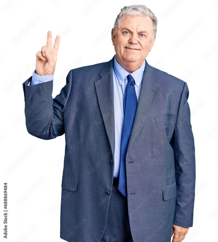 Senior grey-haired man wearing business jacket smiling looking to the camera showing fingers doing victory sign. number two. Senior grey-haired man wearing business jacket smiling looking to the camera showing fingers doing victory sign. number two.