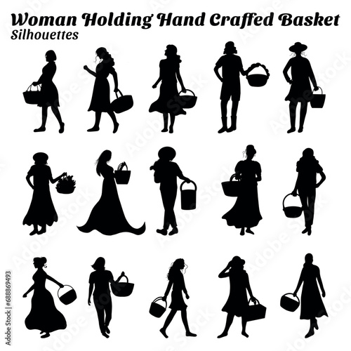 Collection of illustrations of silhouettes of woman holding handicraft basket