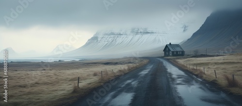 Deserted Icelandic street. House by the mountain. Whole design.