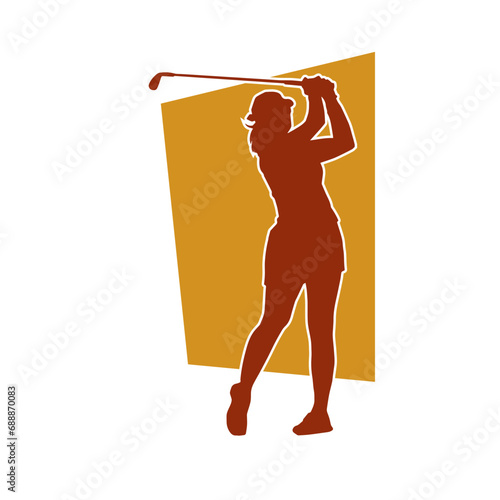 Silhouette of a woman playing golf. Silhouette of a female golfer in action pose.